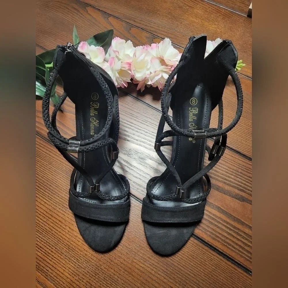 Bella Hanna Black Round Open Toe Chunky Heeled Sandals Size 8
